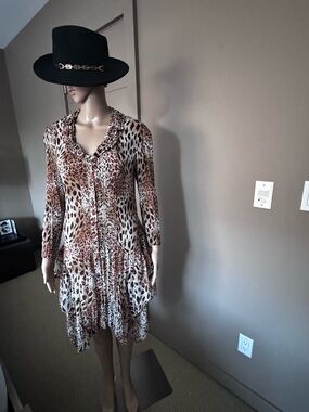 Leopard Print Long Sleeve Ruffled Hem Dress - Brown/Tan